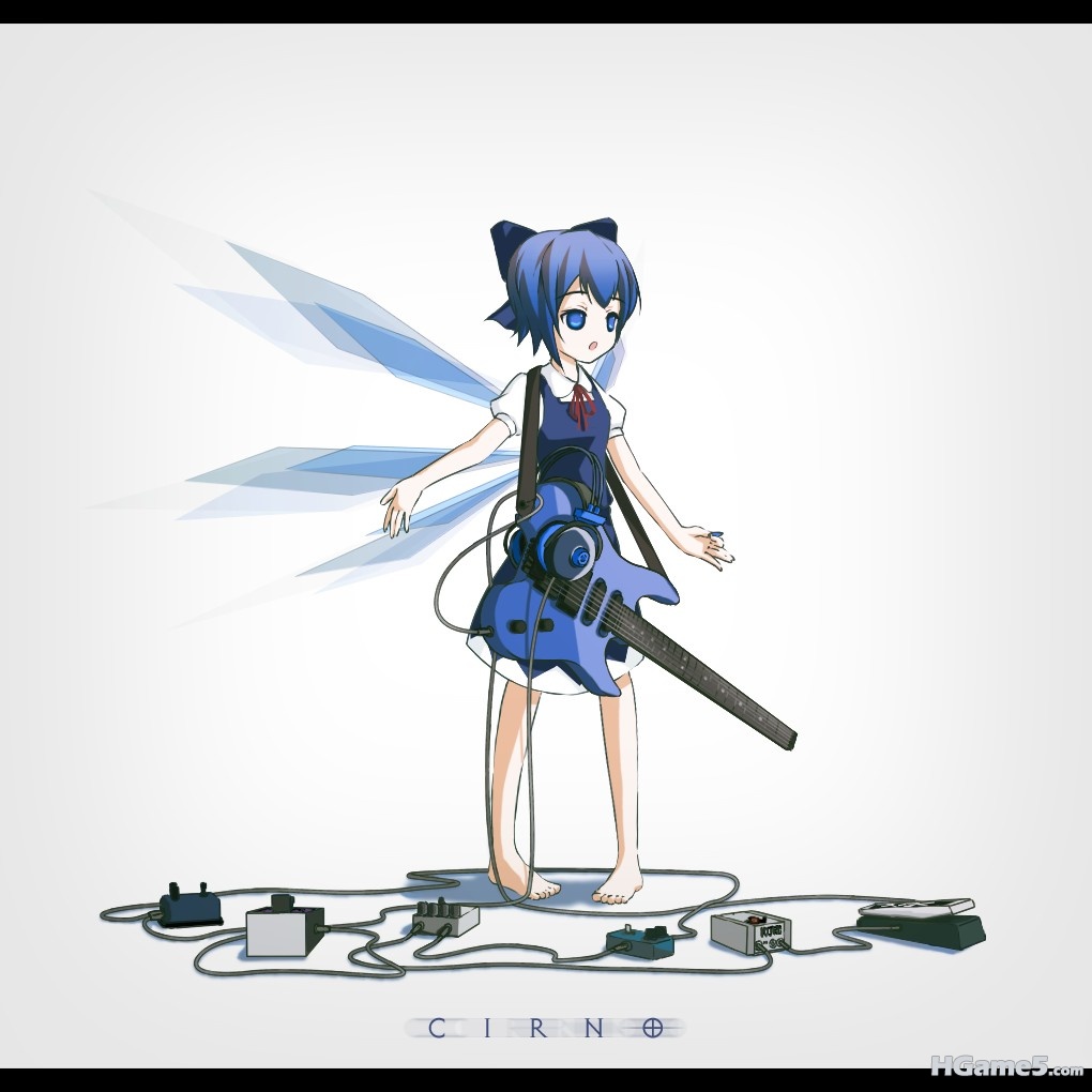 p496975_barefoot blue_eyes blue_hair cirno guitar hair_ribbon headphones instrum.jpg