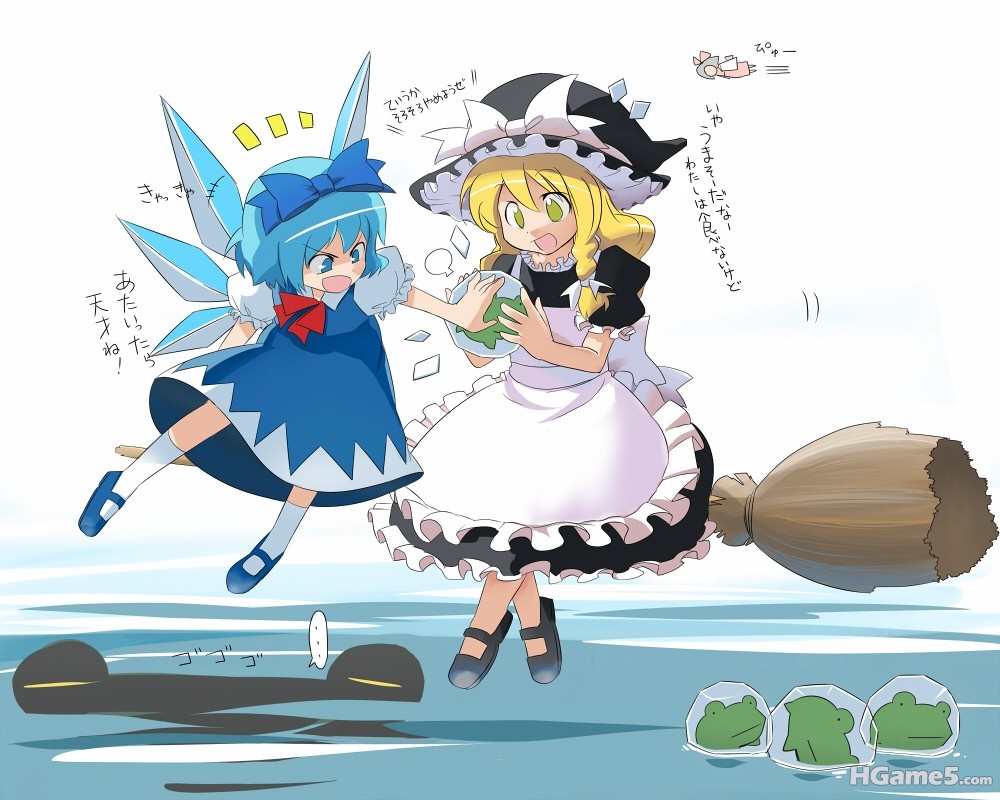 p497987_blonde_hair blue_eyes blue_hair broom broom_riding cirno flying frog fro.jpg
