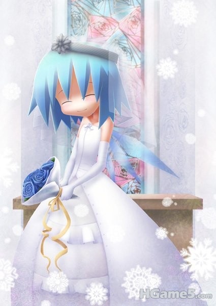 p499750_bare_shoulders blue_hair bouquet bride cirno dress elbow_gloves eyes_clo.jpg