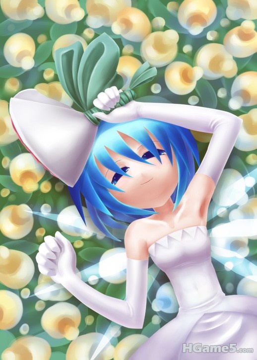 p499755_bare_shoulders blue_eyes blue_hair bouquet bride cirno dress elbow_glove.jpg