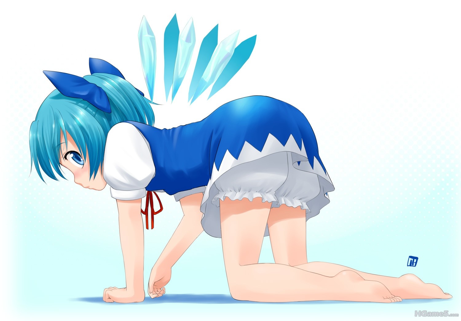 p542595_all_fours barefoot bloomers blue_eyes blue_hair blush bow cirno hair_bow.jpg