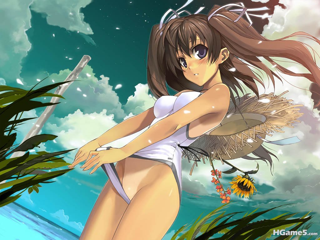Konachan.com - 1974 beach brown_hair hat morii_shizuki ribbons sky summer swimsu.jpg