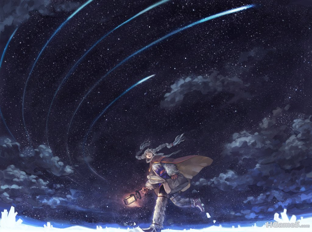 Konachan.com - 44054 clouds night shimetta_oshime sky snow stars white_hair.jpg