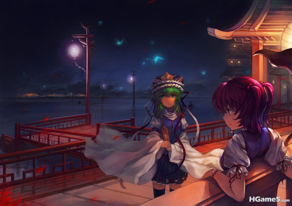 Konachan.com - 96245 boat clouds green_eyes green_hair hat night onozuka_komachi.jpg