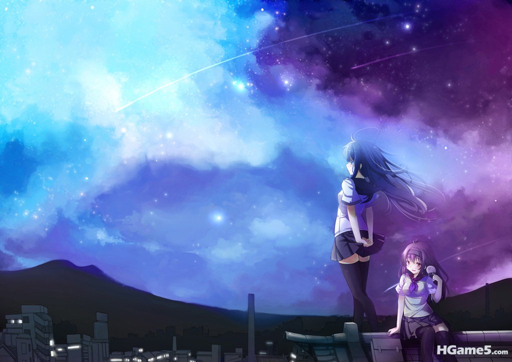 Konachan.com - 104779 2girls blue_eyes blue_hair city night original red_eyes se.jpg