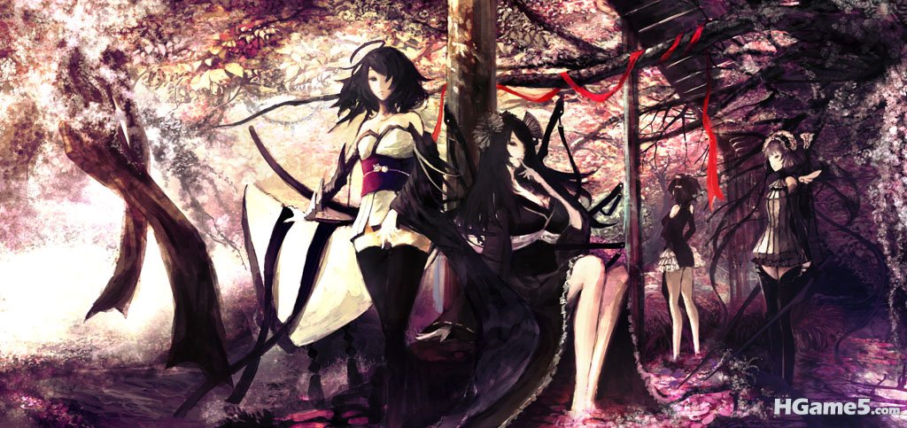 Konachan.com - 71117 black_hair cherry_blossoms dress group iori japanese_clothe.jpg