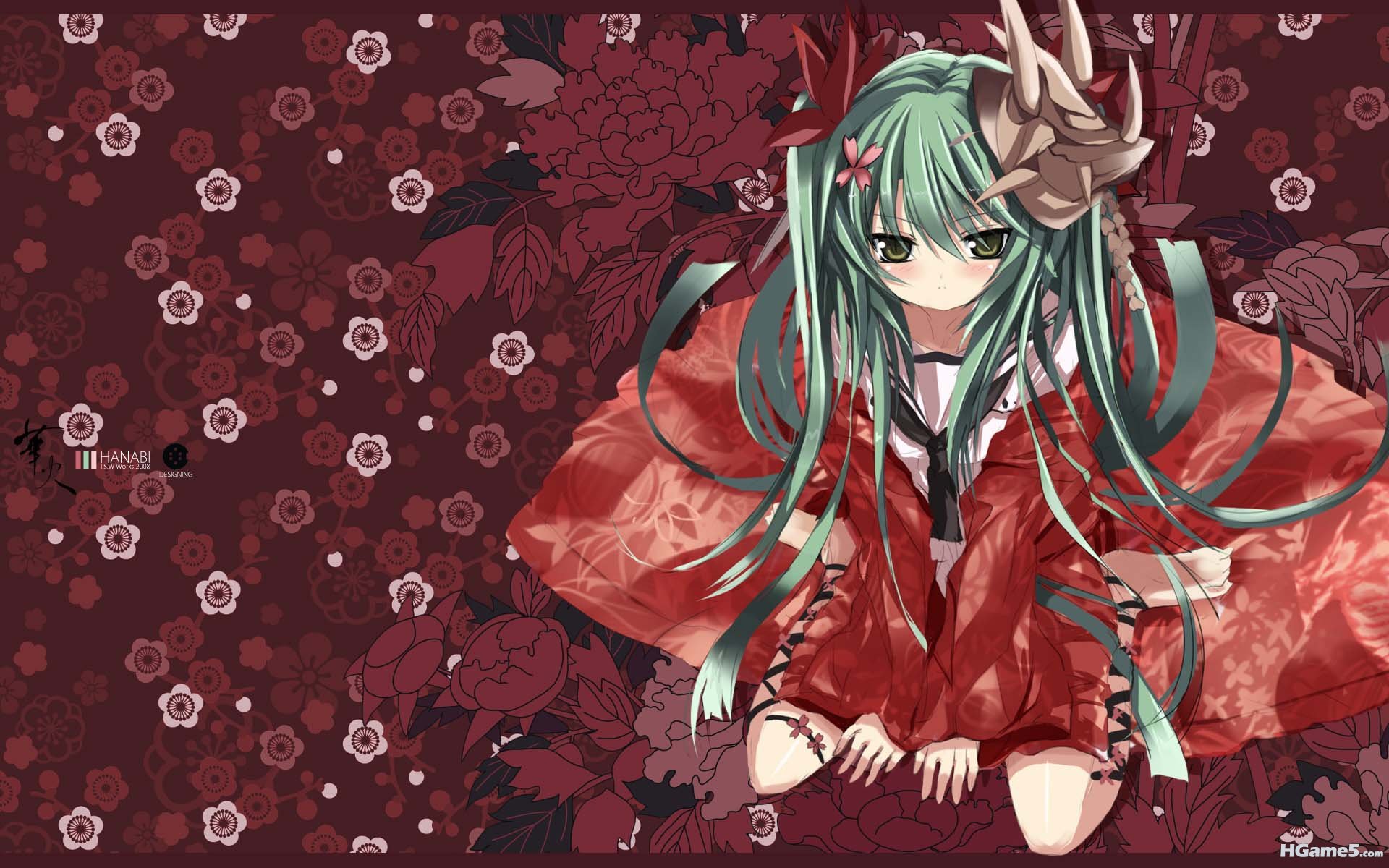 Konachan.com - 48664 blush green_eyes green_hair japanese_clothes shino_(eefy) tagme.jpg