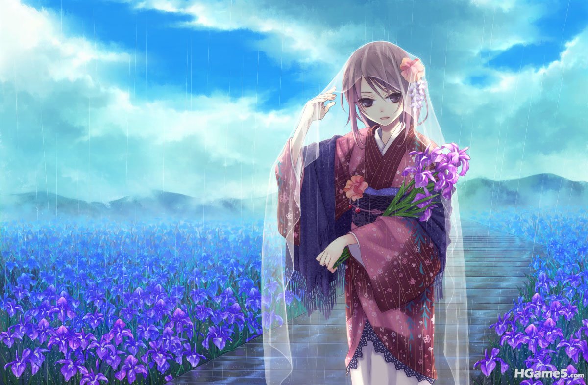 Konachan.com - 77352 brown_eyes brown_hair clouds flowers japanese_clothes kimon.jpg