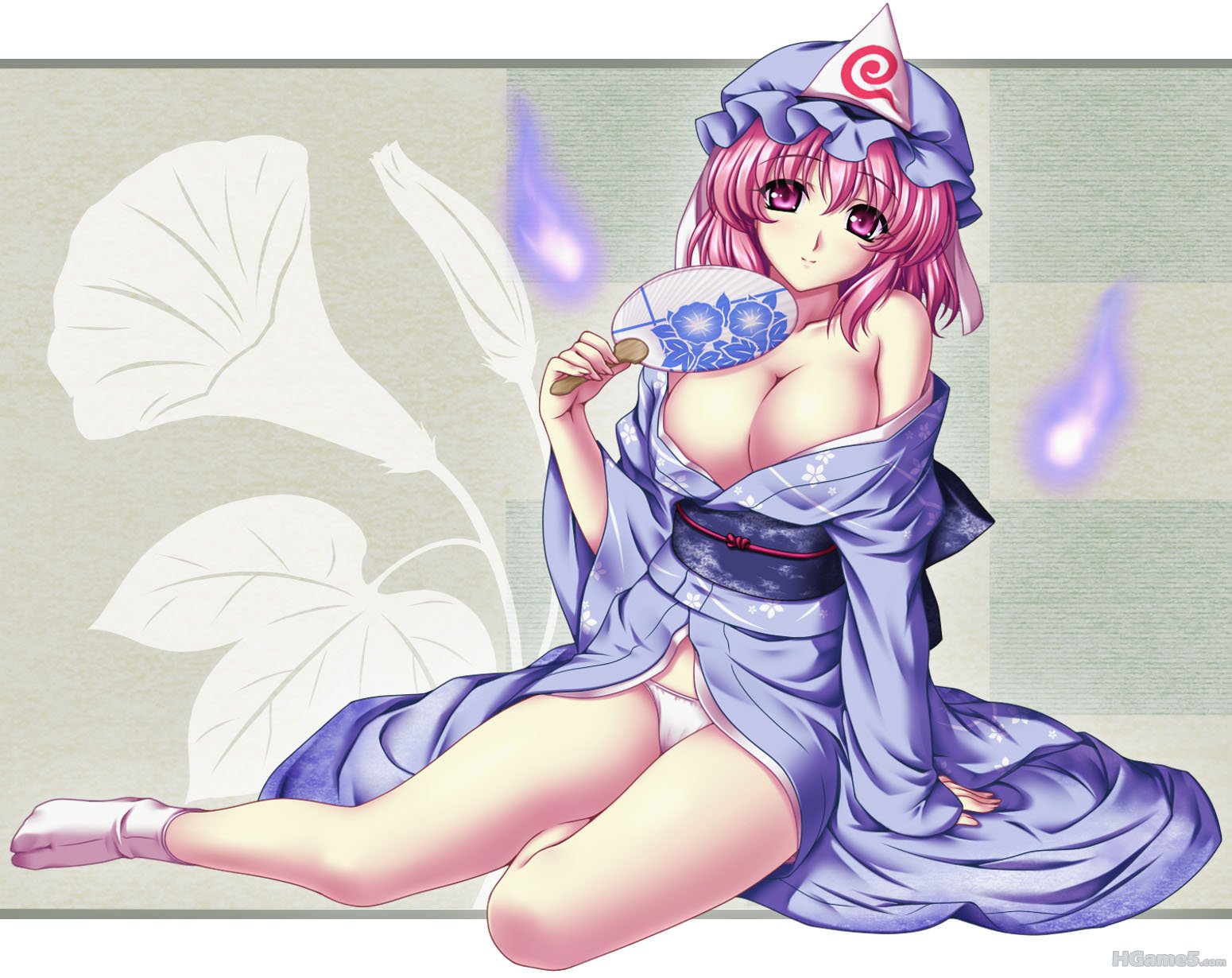 Konachan.com - 82645 cleavage fan hat japanese_clothes nonbei panties pink_hair .jpg