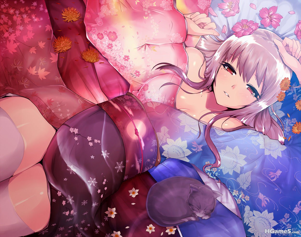 Konachan.com - 86087 animal cat flowers japanese_clothes kasai_shin long_hair or.jpg