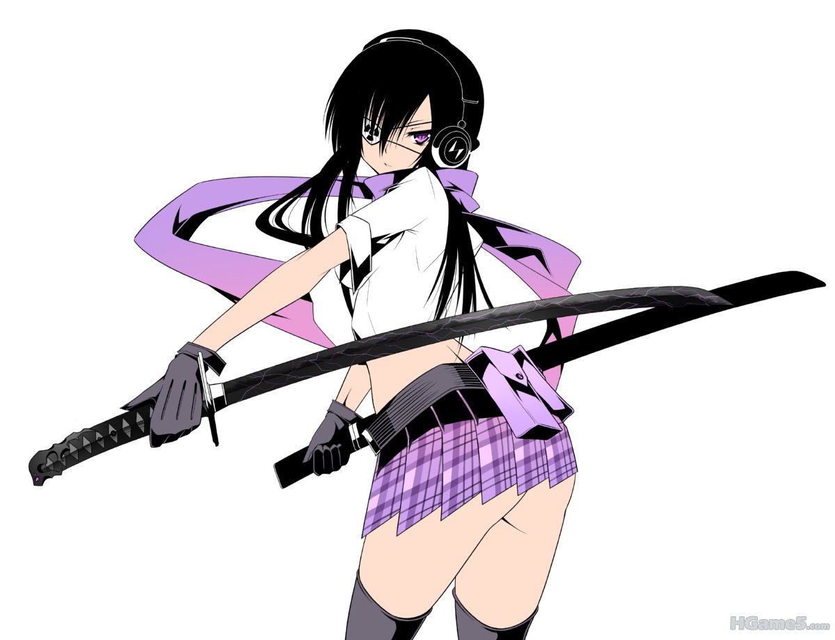 black_hair daive eyepatch headphones katana long_hair nopan original purple_eyes.jpg