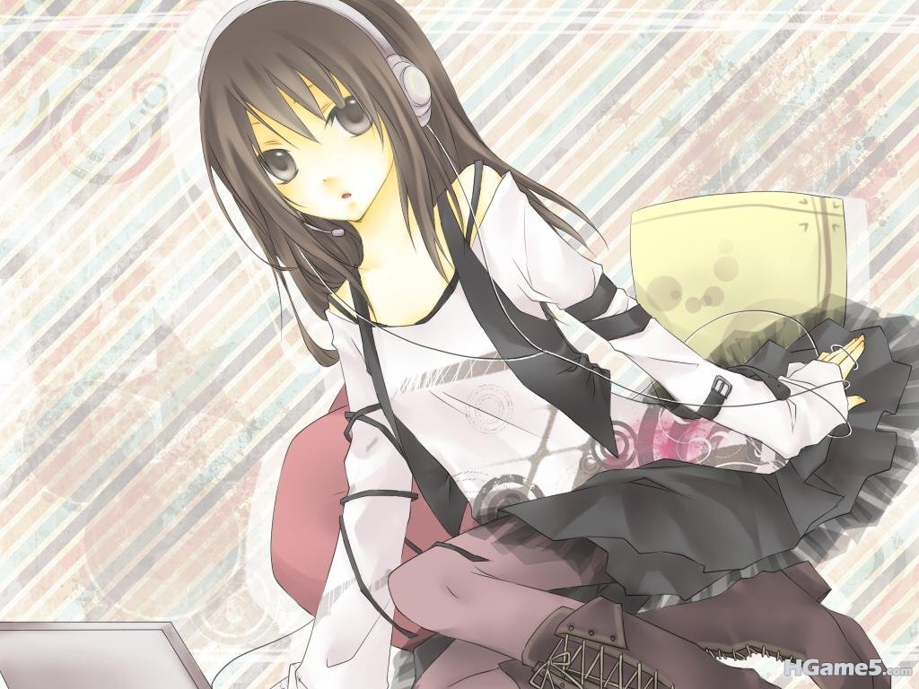 Konachan_com - 82099 black_hair boots brown_hair gray_eyes headphones long_hair .jpg
