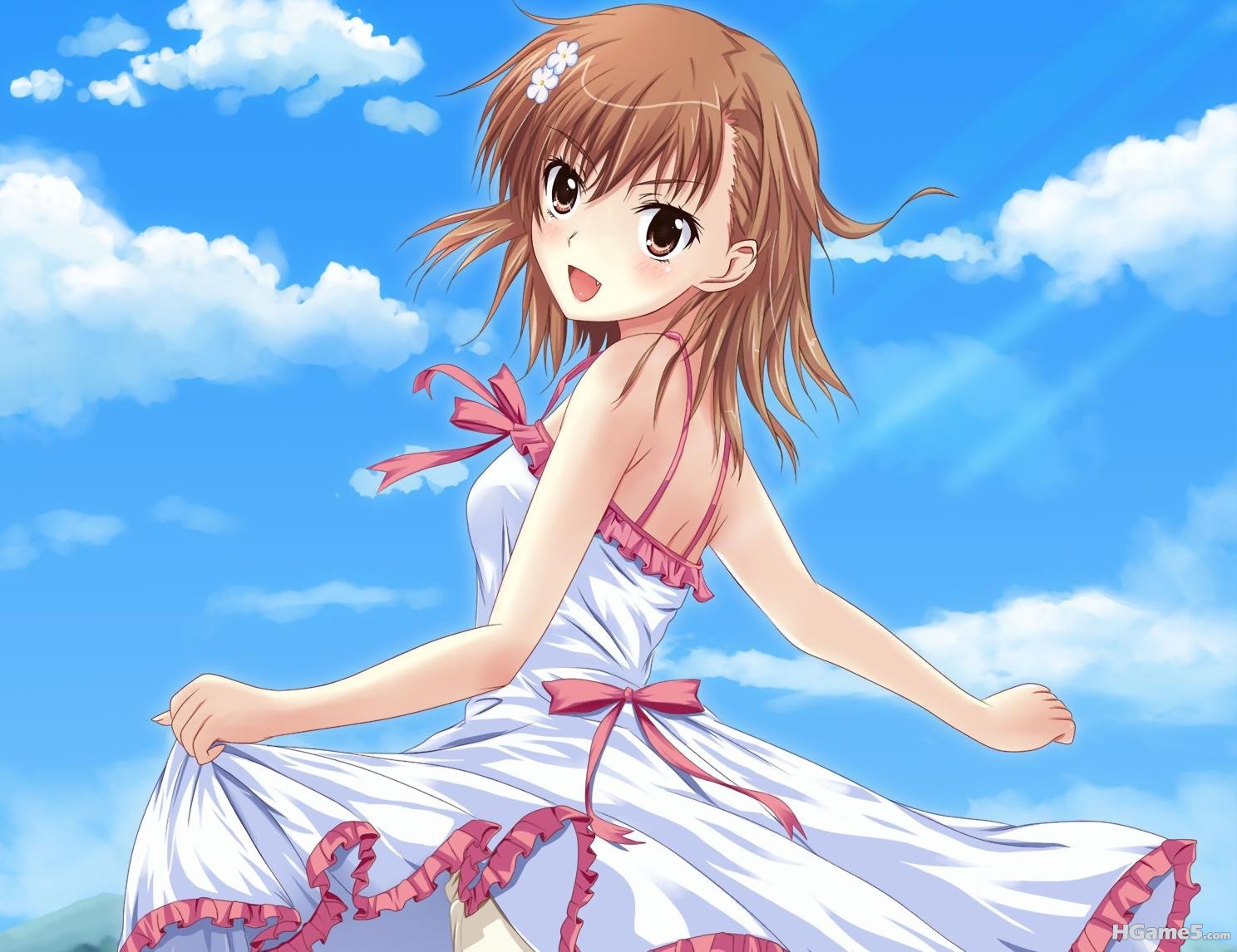 rown_hair clouds dress kamiko_to_seiryoku misaka_mikoto short_hair sky summer_dr.jpg