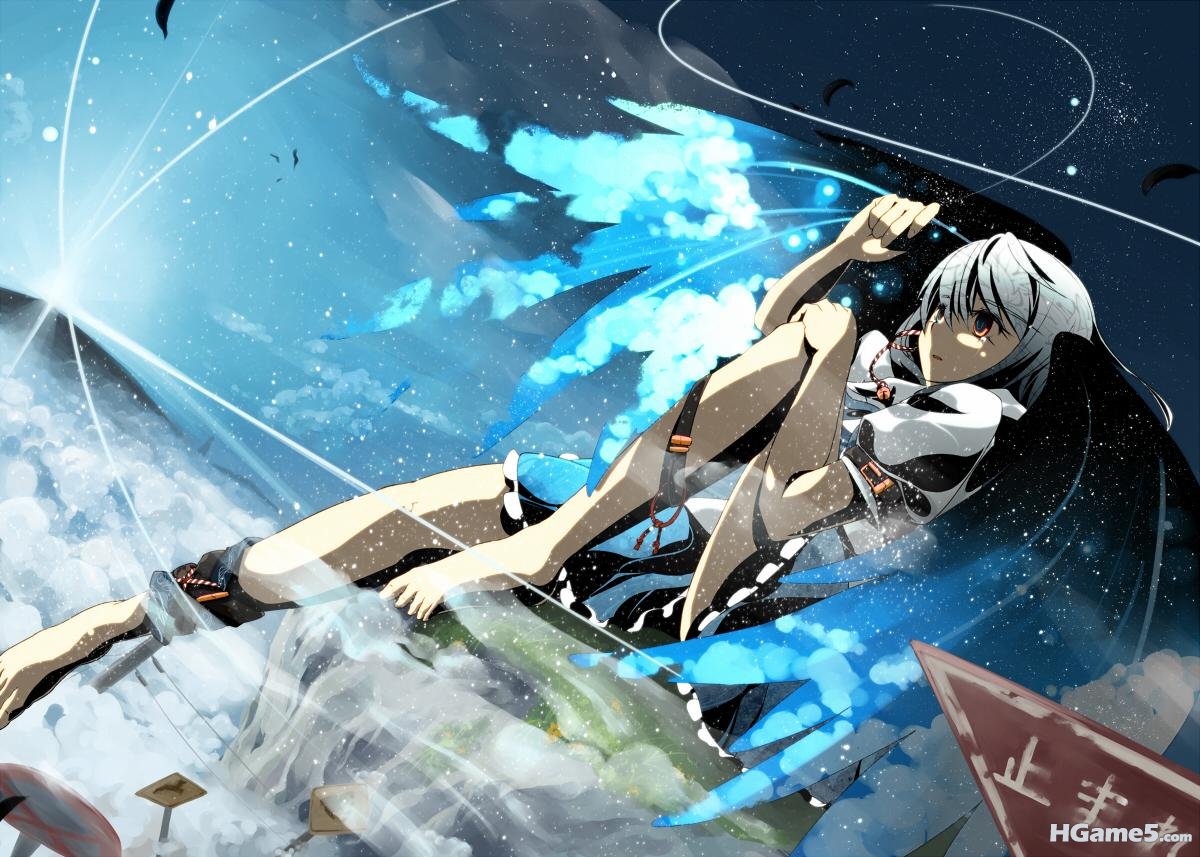 Konachan_com - 69272 clouds gray_hair red_eyes ribbons ryuu_(artist) shameimaru_.jpg