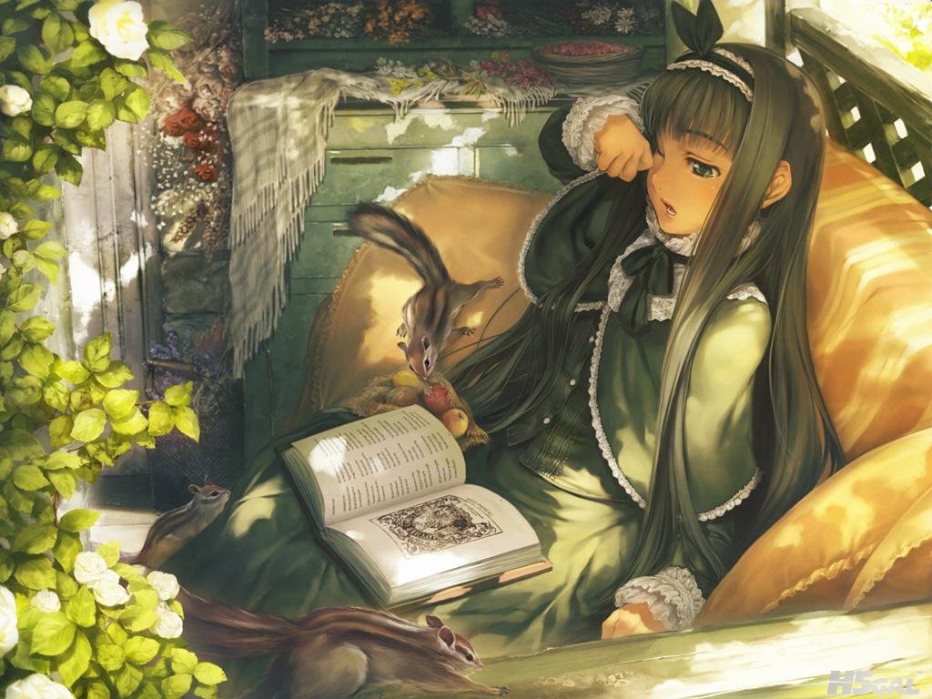 chan_com - 71064 black_hair book dress flowers fruit goth-loli green_eyes lolita.jpg