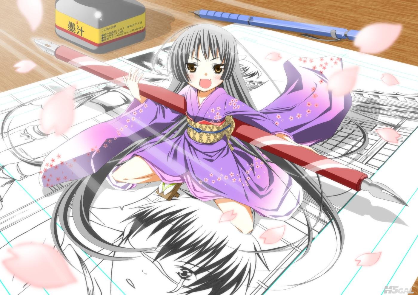 Konachan_com - 112648 black_hair book cherry_blossoms chibi japanese_clothes kim.jpg