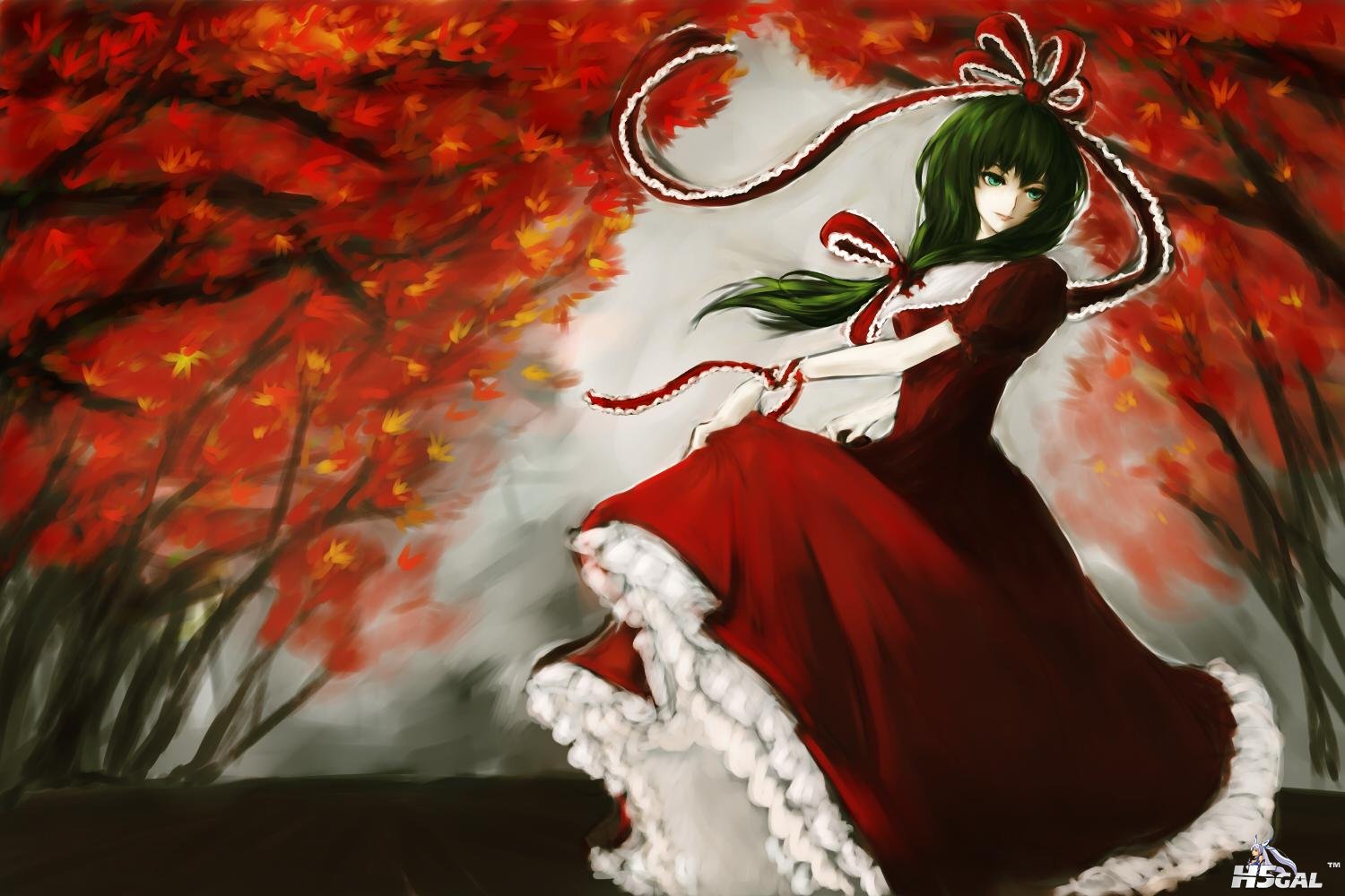 Konachan_com - 113040 aqua_eyes autumn bigred bow dress green_hair kagiyama_hina.jpg