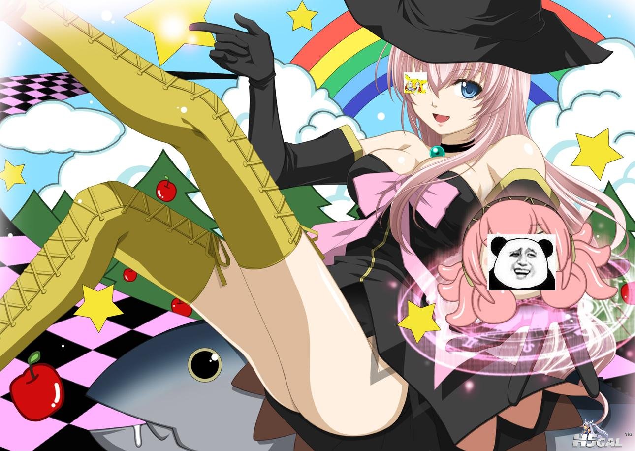 Konachan_com - 102966 apple blue_eyes cleavage hat megurine_luka pink_hair stars.jpg