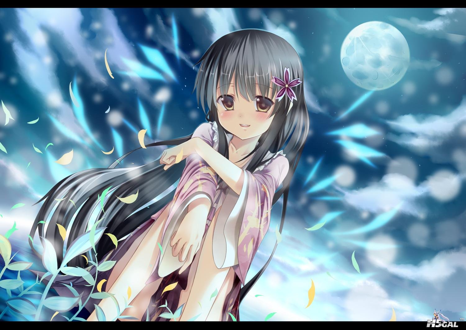 Konachan_com - 113288 blush dress long_hair moon night petals sky tagme yuuri_(a.jpg