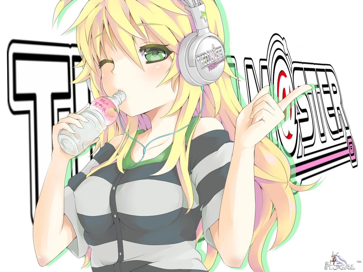 Konachan_com - 113418 blonde_hair blush green_eyes headphones hoshii_miki idolma.jpg