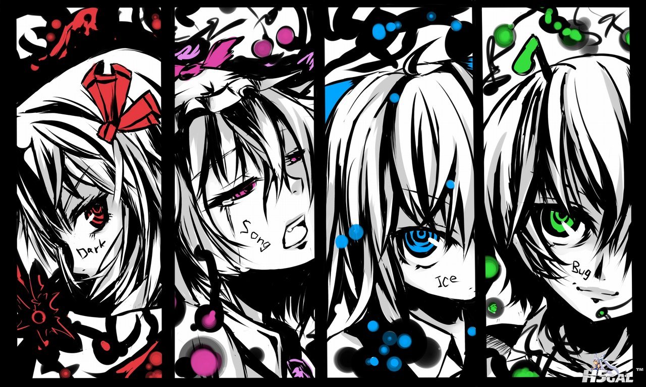 Konachan.com - 106281 blue_eyes cirno green_eyes monochrome mystia_lorelei pink_.jpg