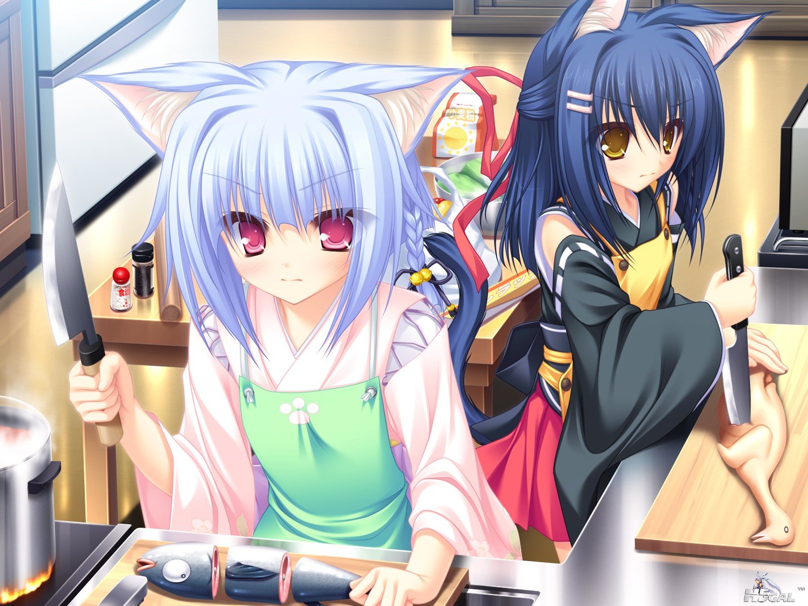 Konachan.com - 86554 animal animal_ears apron blue_hair catgirl fire fish food g.jpg