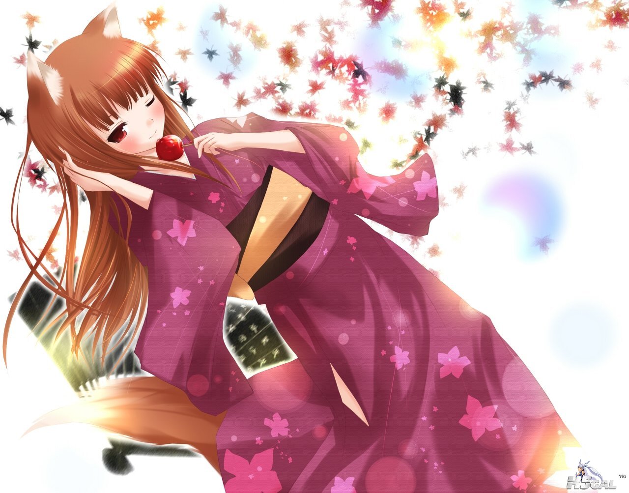 Konachan.com - 55094 animal_ears horo japanese_clothes kimono leaves long_hair o.jpg