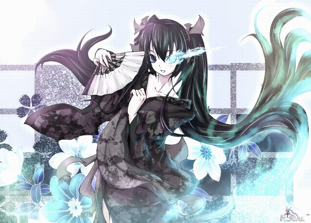 Konachan.com - 56256 black_hair black_rock_shooter blue_eyes fan flowers japanes.jpg