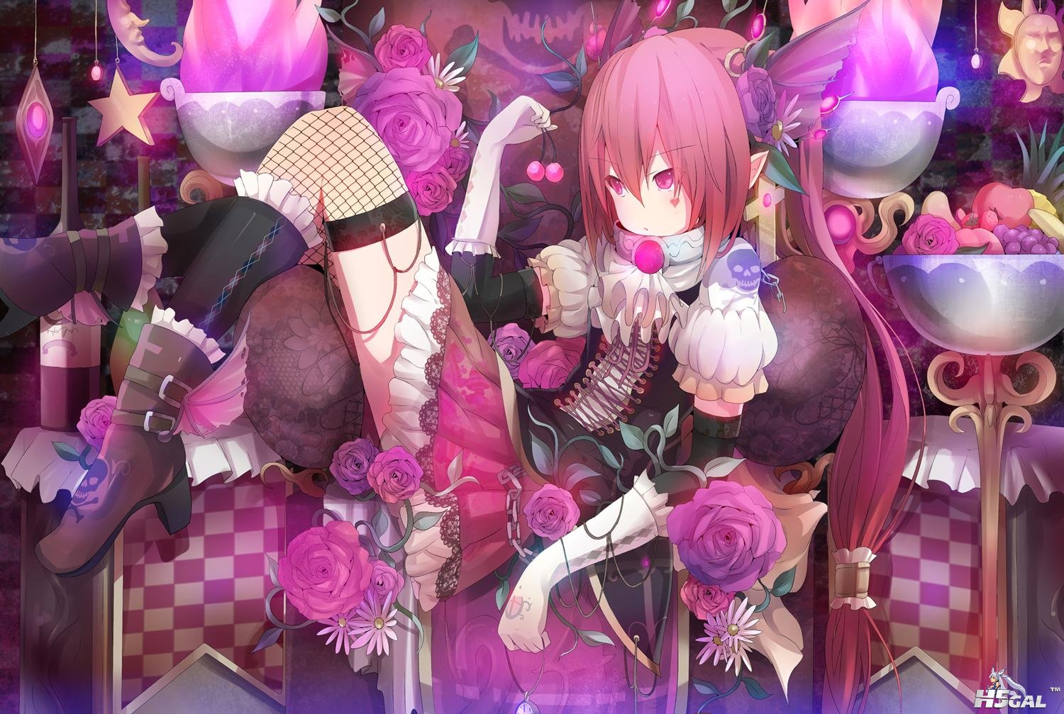 Konachan_com - 112304 black_buraku flowers original pink_eyes pink_hair.jpg