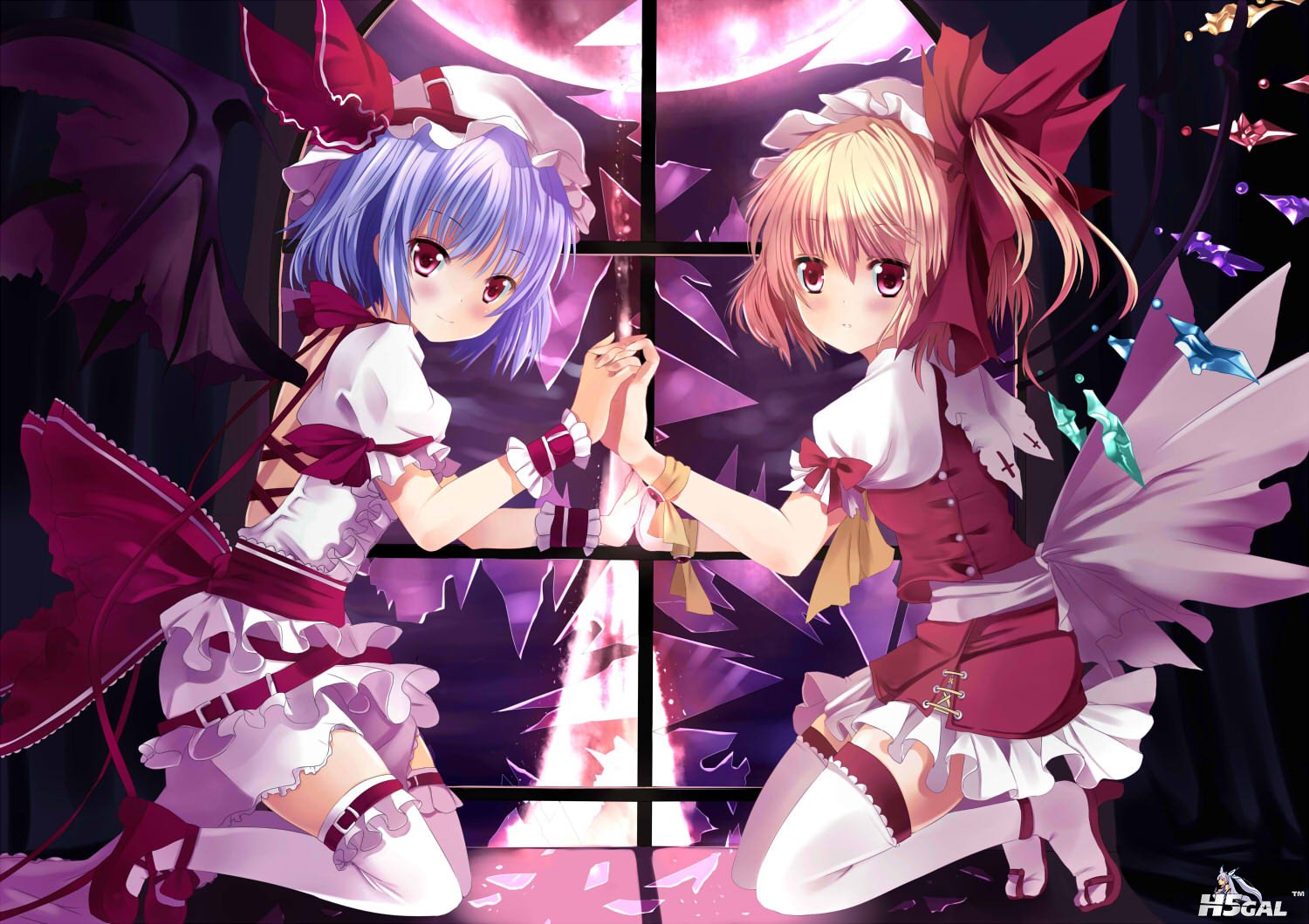 blonde_hair blue_hair blush dress flandre_scarlet hat moon red_eyes remilia_scar.jpg