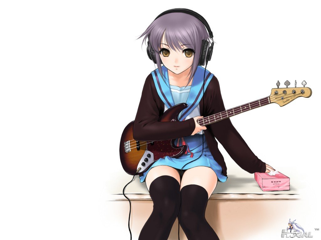 konachan 40155 guitar headphones nagato_yuki sano_toshihide seifuku suzumiya_har.jpg