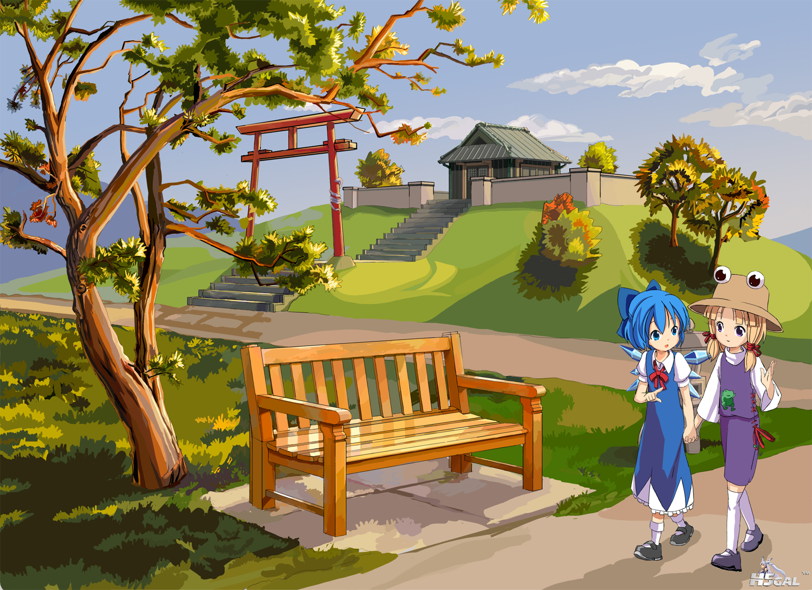 konachan 63104 blue_hair cirno dress hat moriya_suwako sixten touhou tree wings.png