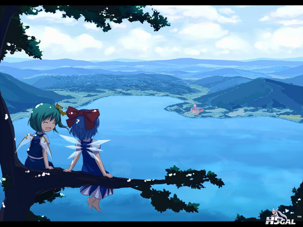 konachan 69752 2girls barefoot blue_hair cirno clouds daiyousei dress green_hair.jpg