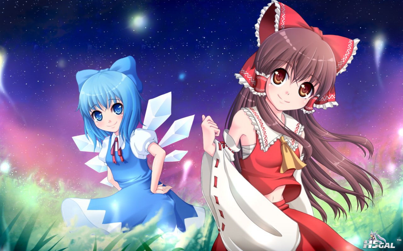 konachan 71957 blue_eyes blue_hair brown_eyes brown_hair cirno dress grass hakur.jpg