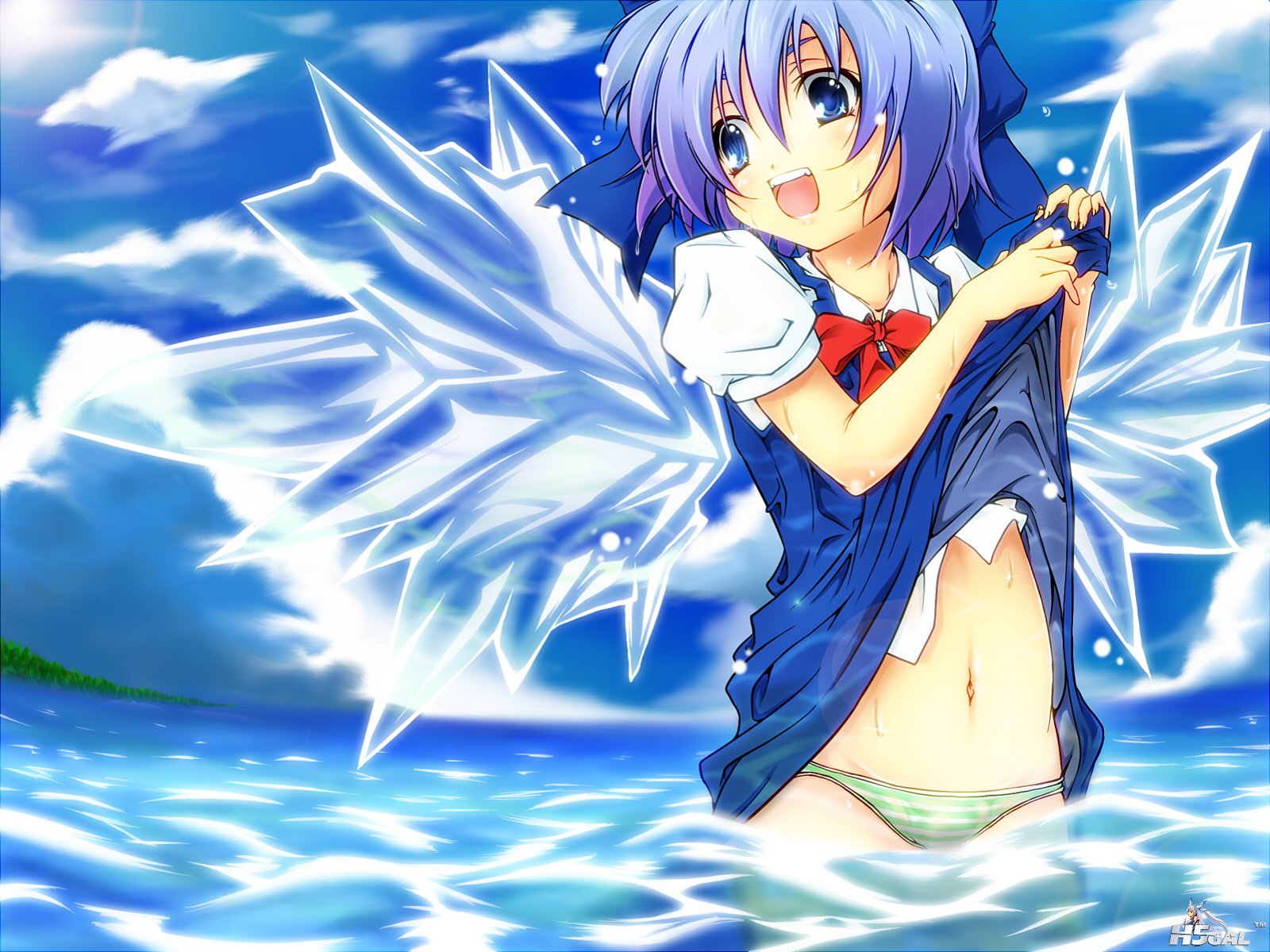 konachan 82094 blue_eyes blue_hair cirno clouds haruyonoto panties sky striped_p.jpg