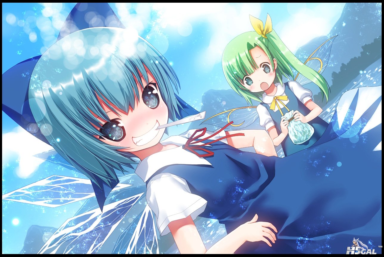 konachan 82936 2girls blue_eyes blue_hair bow cirno clouds daiyousei dress green.jpg