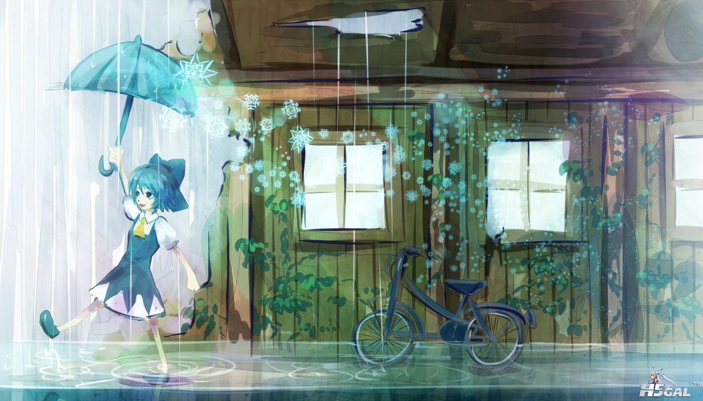 konachan 93519 bicycle blue_hair cirno dress rain same touhou umbrella wet.jpg