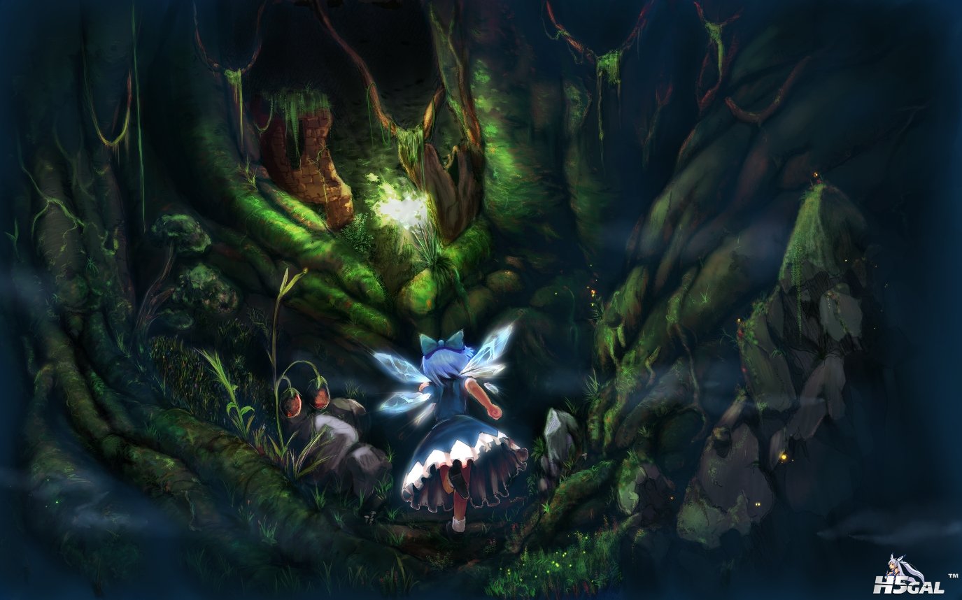 konachan 103189 blue_hair bow cirno dress forest touhou twilightrain wings.jpg
