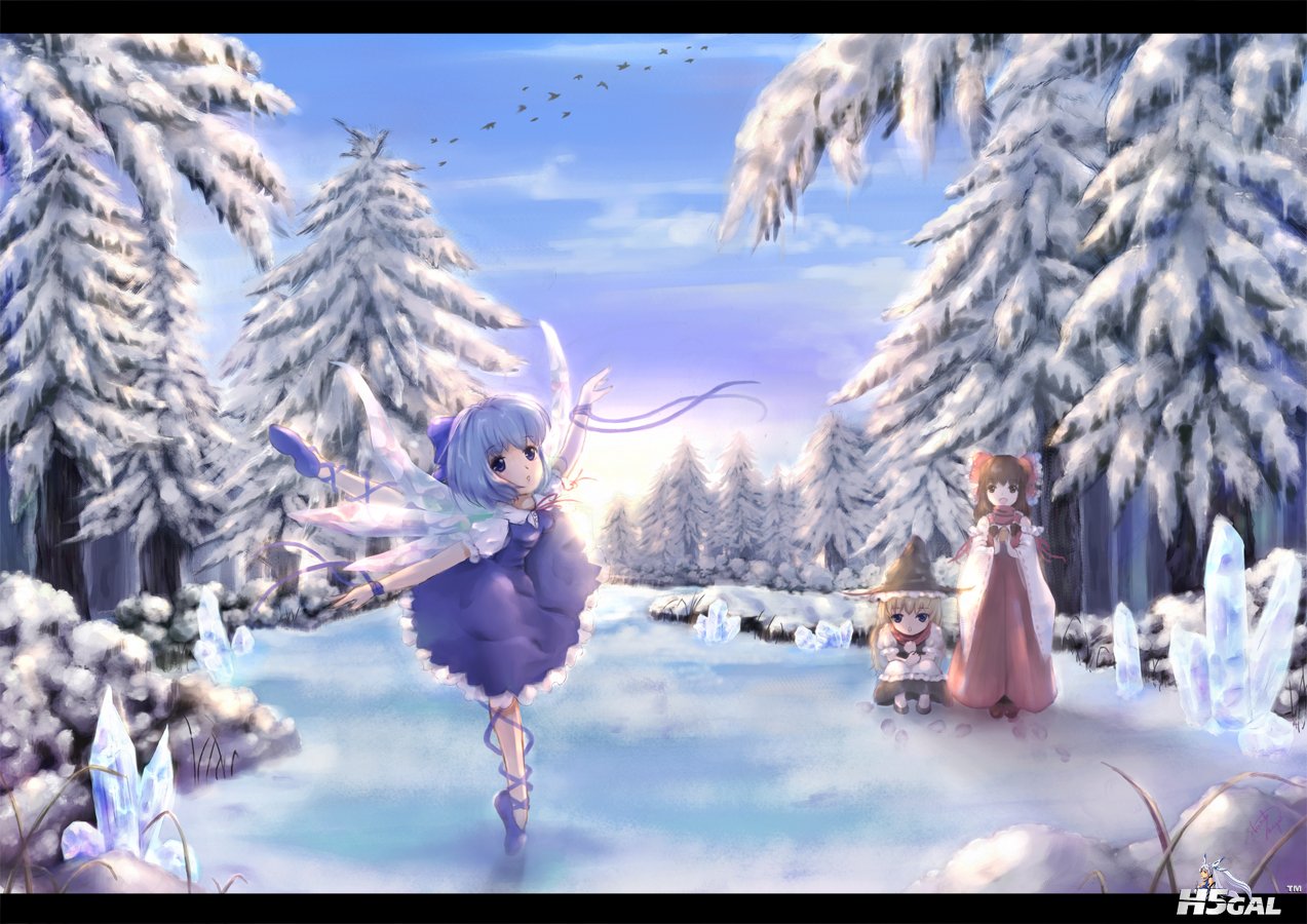 konachan 109036 animal bird cirno forest hakurei_reimu hat japanese_clothes kiri.jpg
