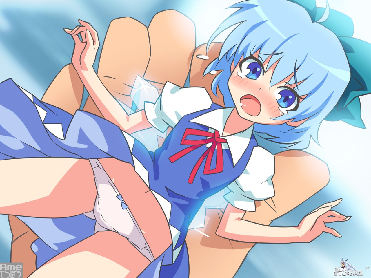 konachan 110147 blue_eyes blue_hair blush bow cirno dress jpeg_artifacts panties.jpg