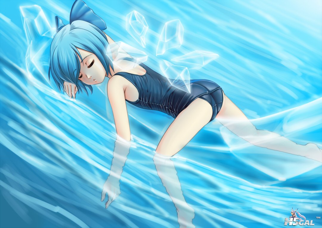 konachan 110246 blue_hair bow cirno raybar school_swimsuit sleeping swimsuit tou.jpg