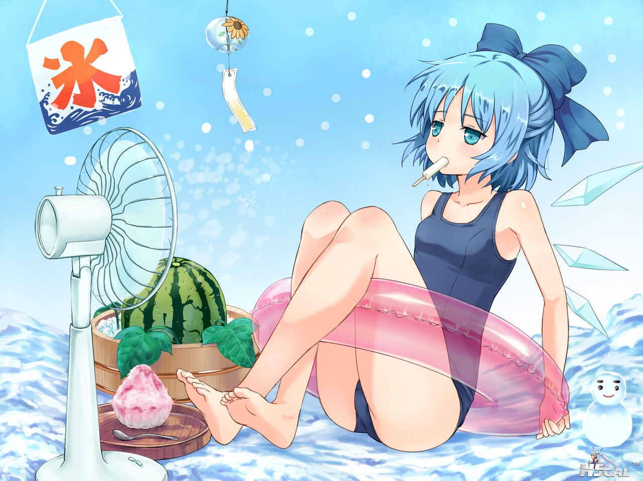 konachan 111782 aqua_eyes barefoot blue_door blue_hair cirno fan swimsuit touhou wings.jpg