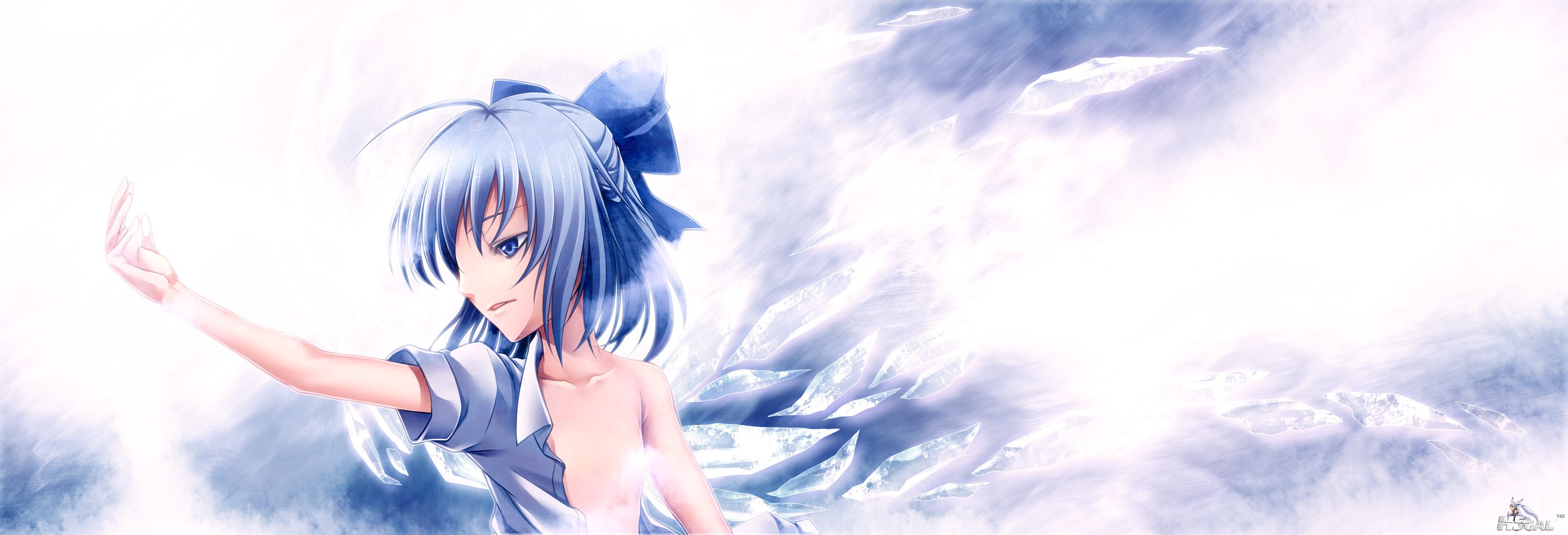 konachan 115168 blue_eyes blue_hair bow cirno dualscreen fairy short_hair snow t.jpg