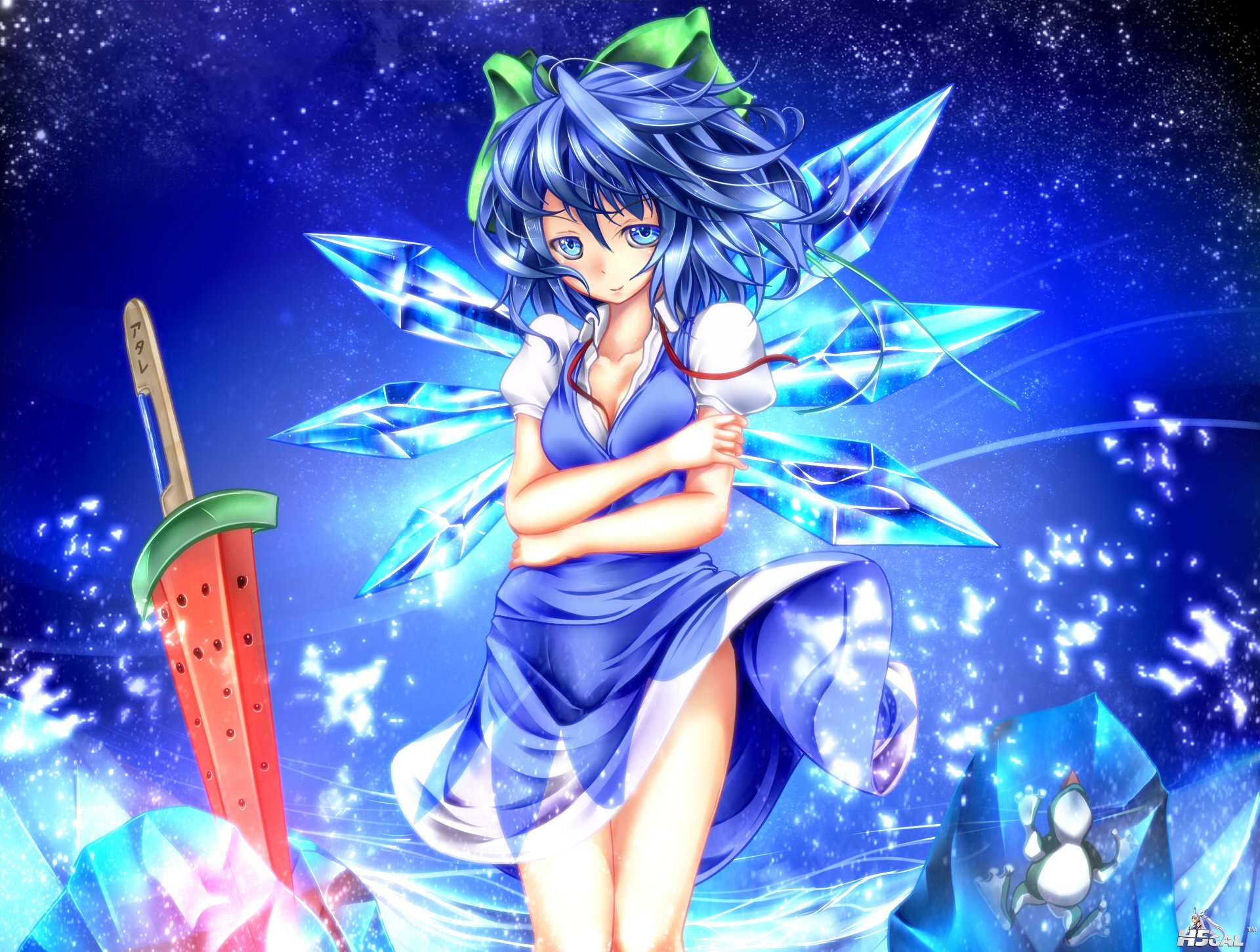 konachan 122680 blue_eyes blue_hair bow cirno dress monikano sword touhou weapon.jpg