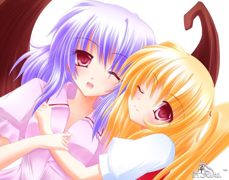 p234466_blonde_hair blue_hair demon_wings devil flandre_scarlet hug ponytail pu~.jpg