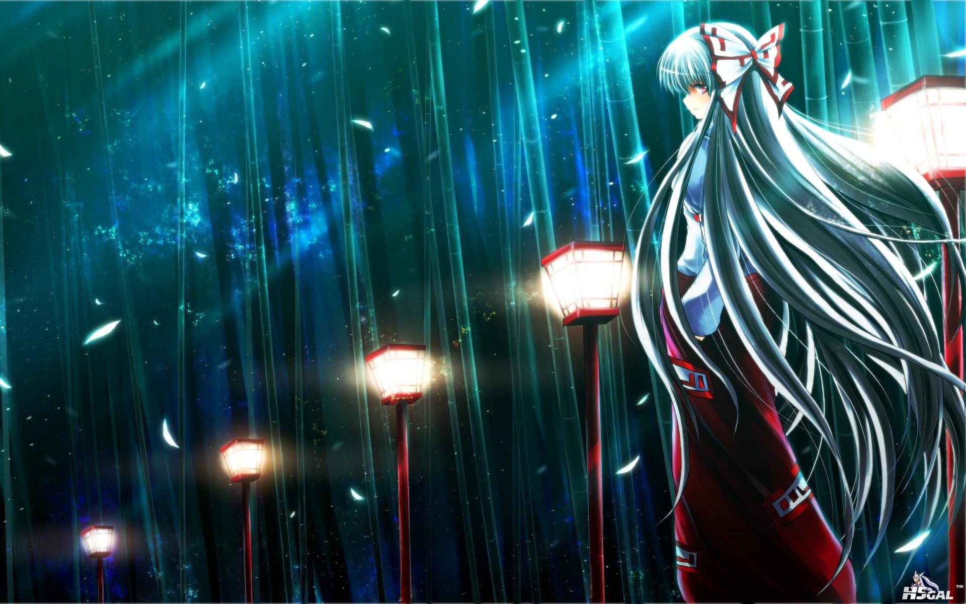 Konachan_com - 138505 bow feathers fujiwara_no_mokou long_hair night pink_eyes t.jpg