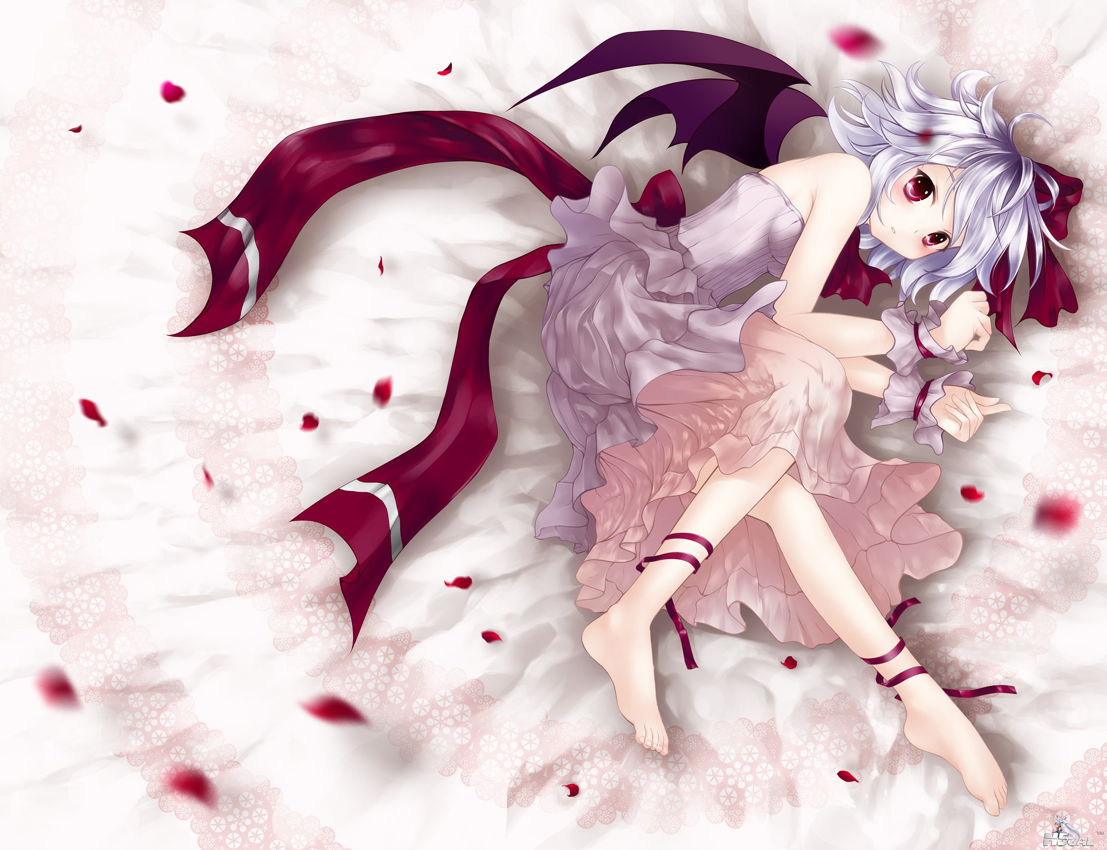 Konachan_com - 139207 barefoot bed n3 red_eyes remilia_scarlet ribbons touhou wings.jpg