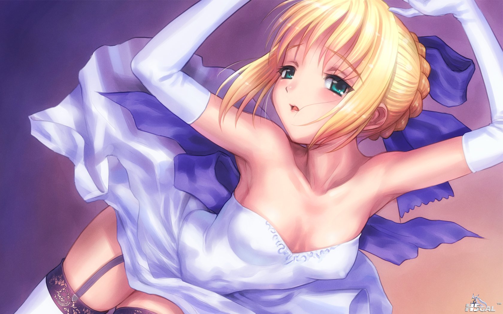 Konachan.com - 86994 blonde_hair cleavage dress elbow_gloves erect_nipples fate_.jpg