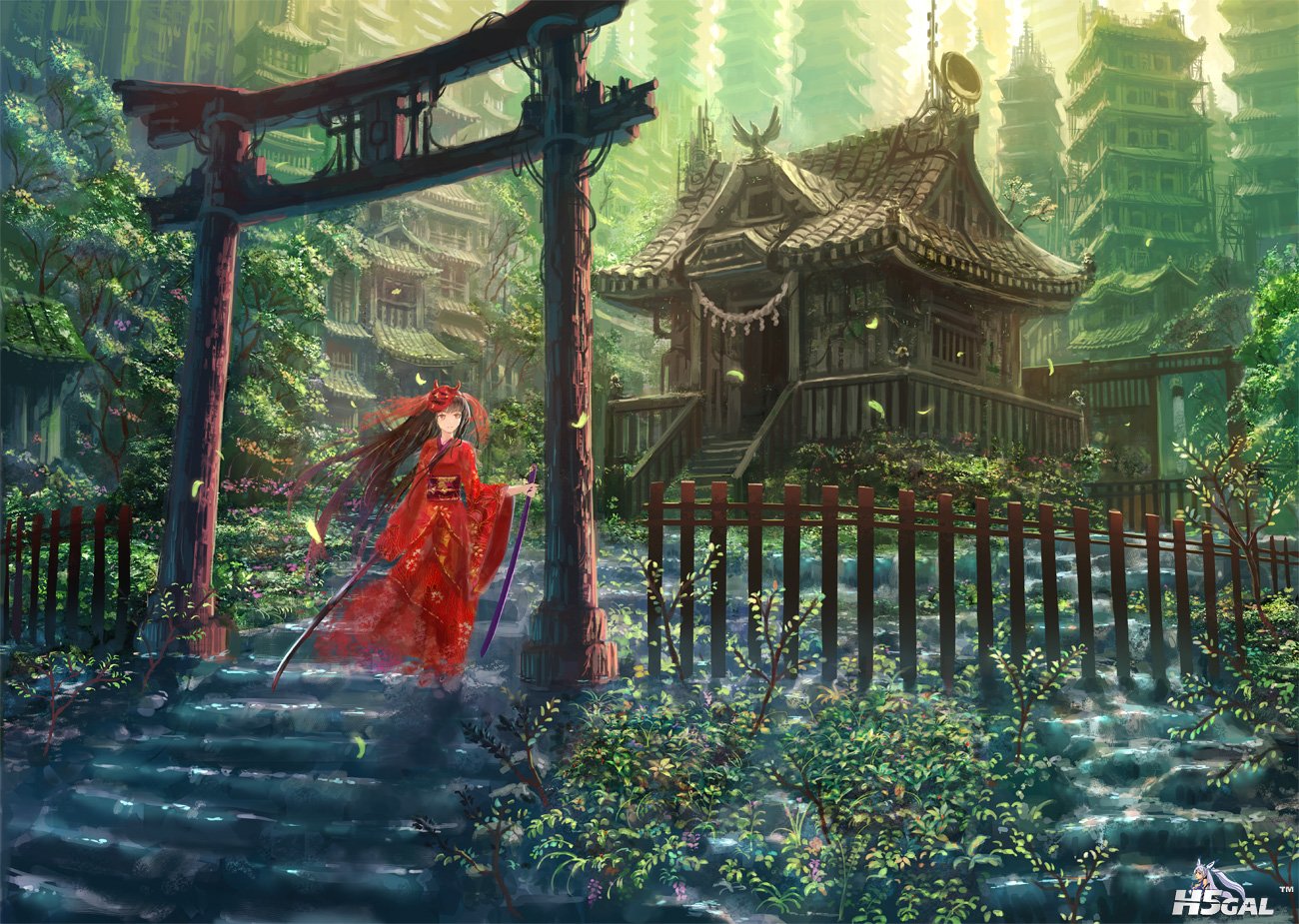 Konachan_com - 139989 building denki japanese_clothes katana landscape long_hair.jpg