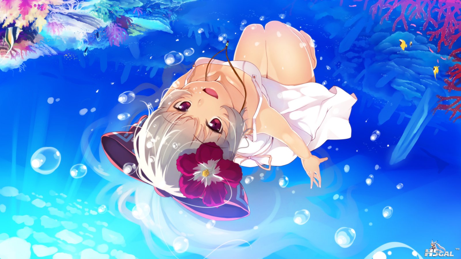 061 animal barefoot bow dress fish flowers fujiwara_no_mokou gray_hair long_hair.jpg